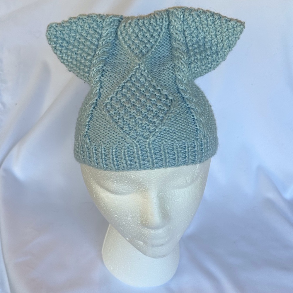 Made in USA. Handmade Cat Ear Knit Cable Rib Beanie Hat.